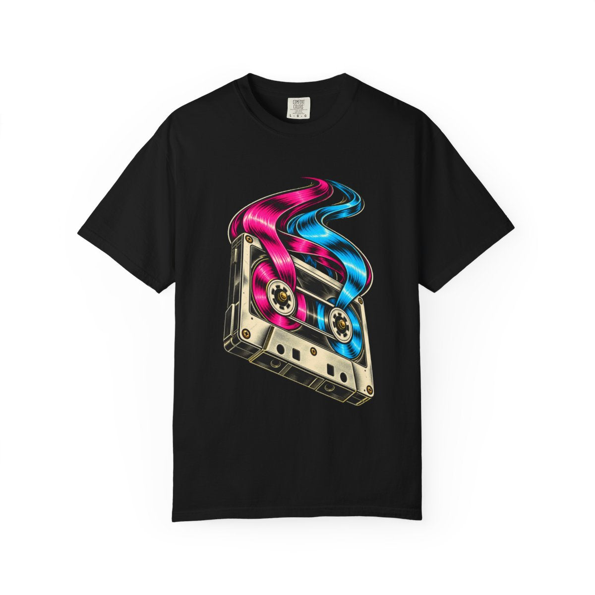 Cassette Comet Tee large front print on a Black Comfort Colors 1717 tee