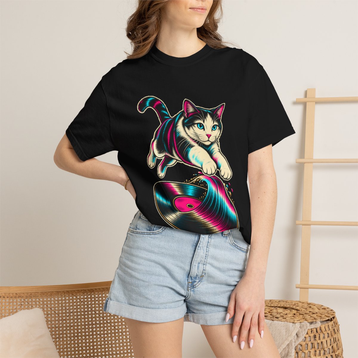 Cat Encore Tee worn Printify context view on a Black Comfort Colors 1717 tee