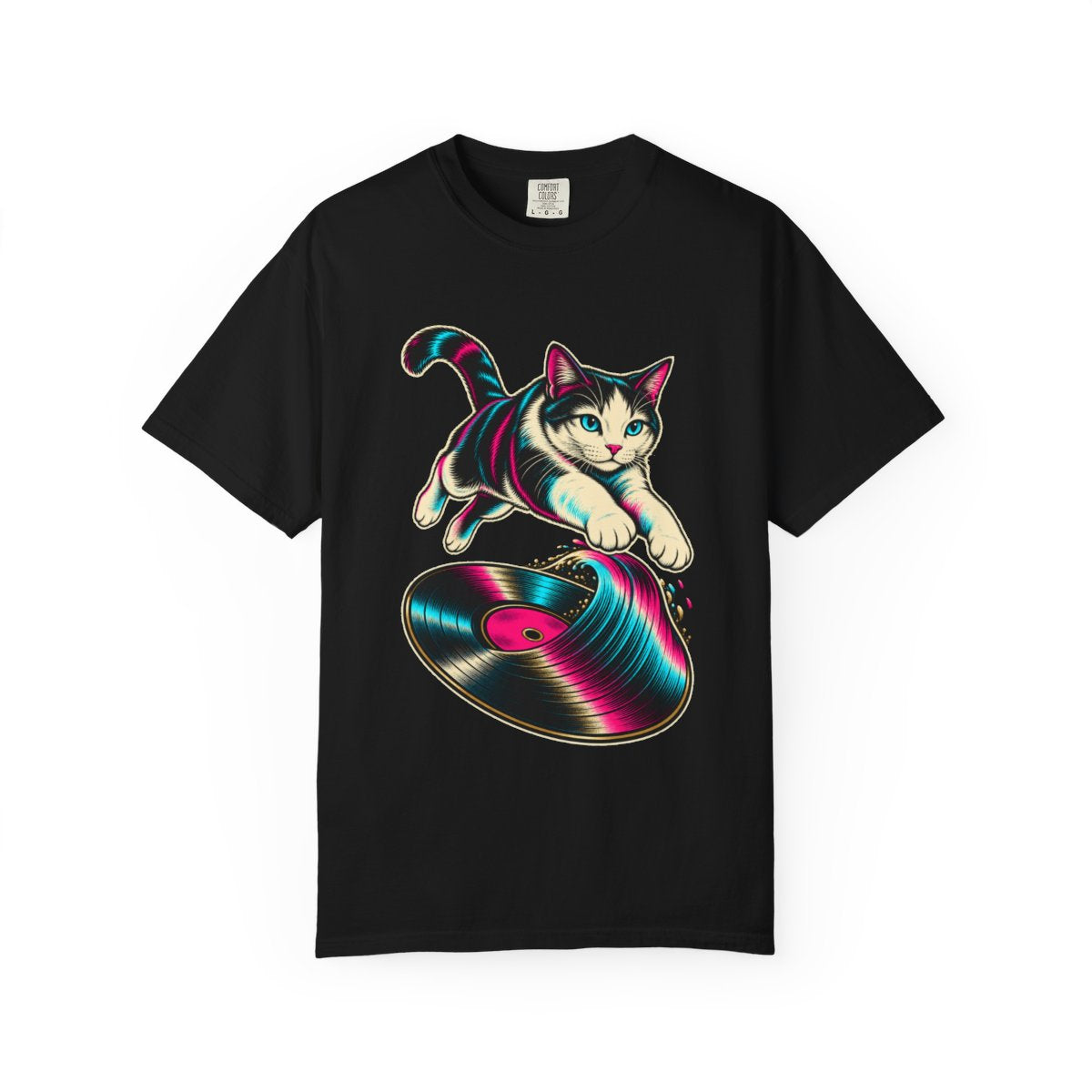 Cat Encore Tee large front print on a Black Comfort Colors 1717 tee