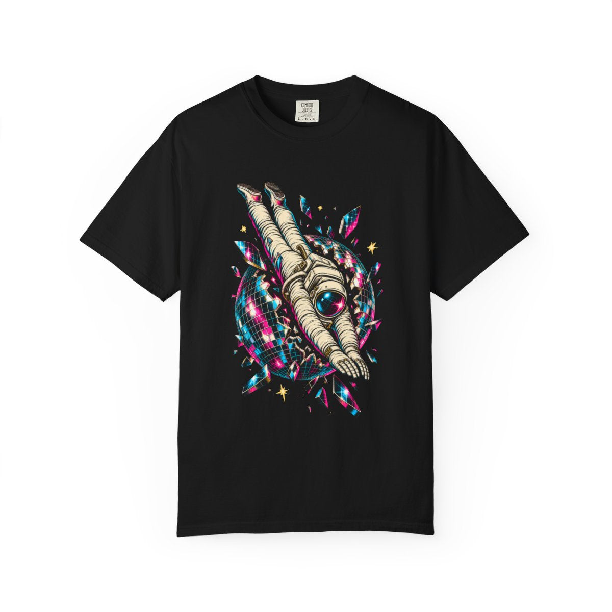 Disco Diver Tee large front print on a Black Comfort Colors 1717 tee