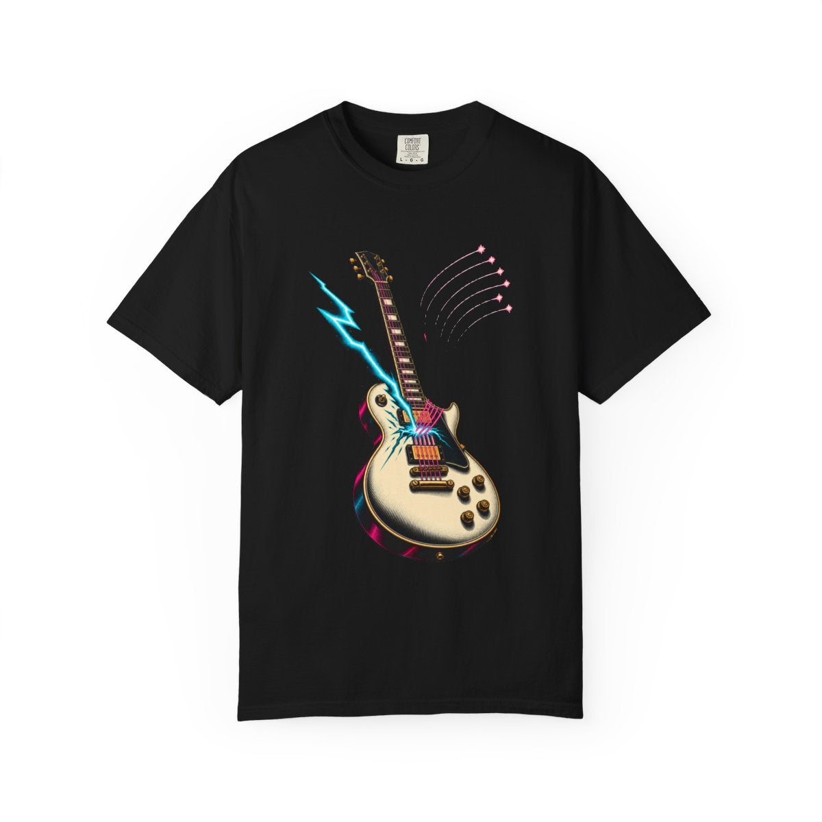 Guitar Lightning Tee large front print on a Black Comfort Colors 1717 tee