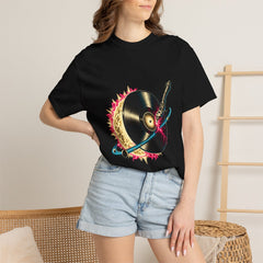Vinyl Eclipse Tee worn Printify context view on a Black Comfort Colors 1717 tee