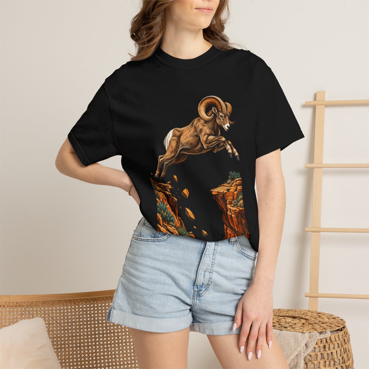 Bighorn Break Tee worn Printify context view on a Black Comfort Colors 1717 tee