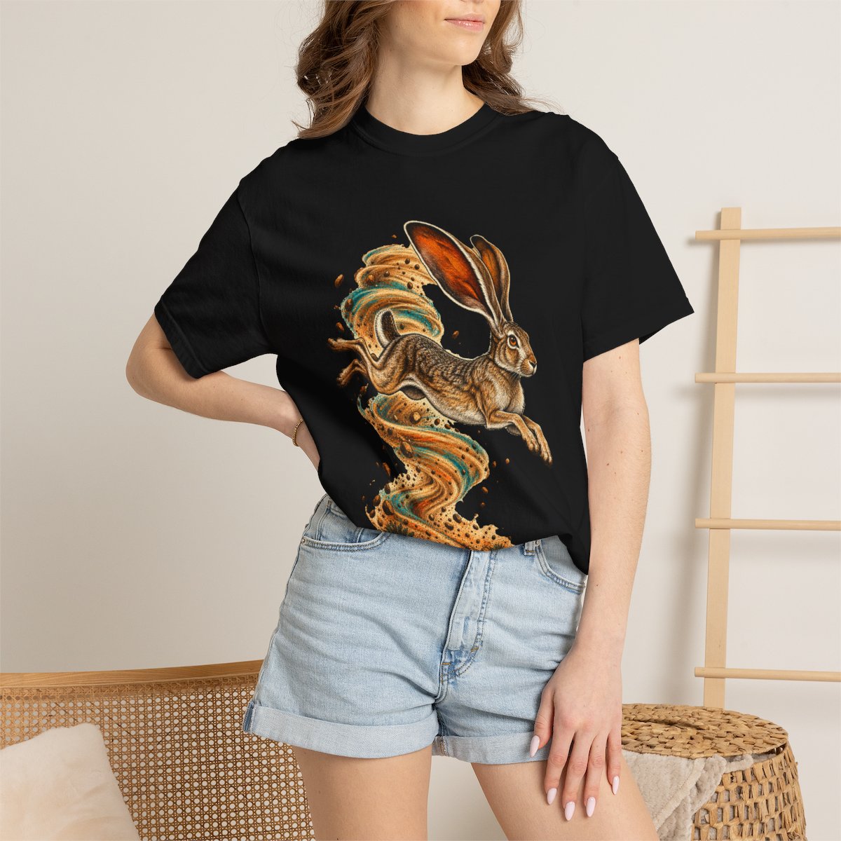Dust Devil Hare Tee worn Printify context view on a Black Comfort Colors 1717 tee
