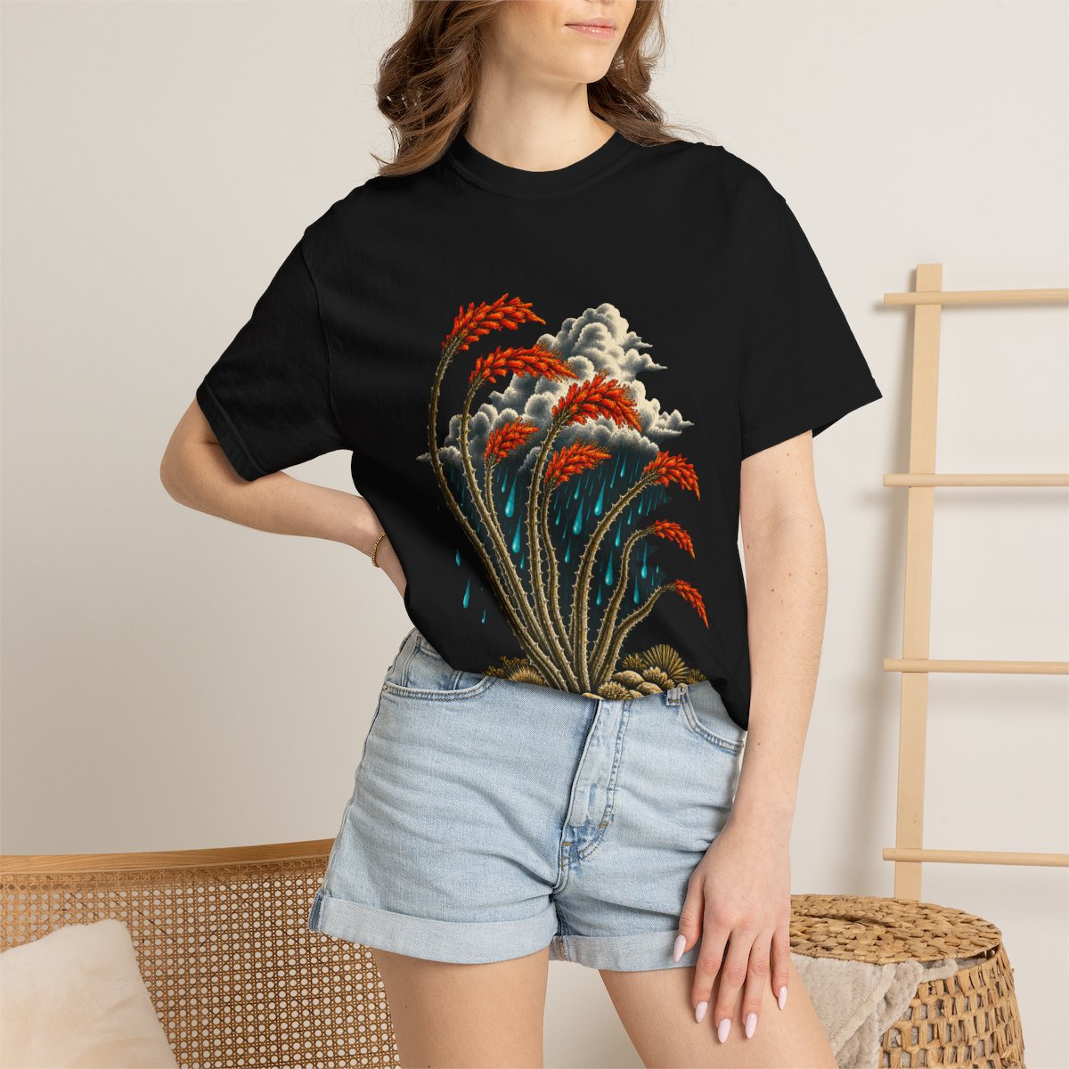 Ocotillo Rain Tee worn Printify context view on a Black Comfort Colors 1717 tee
