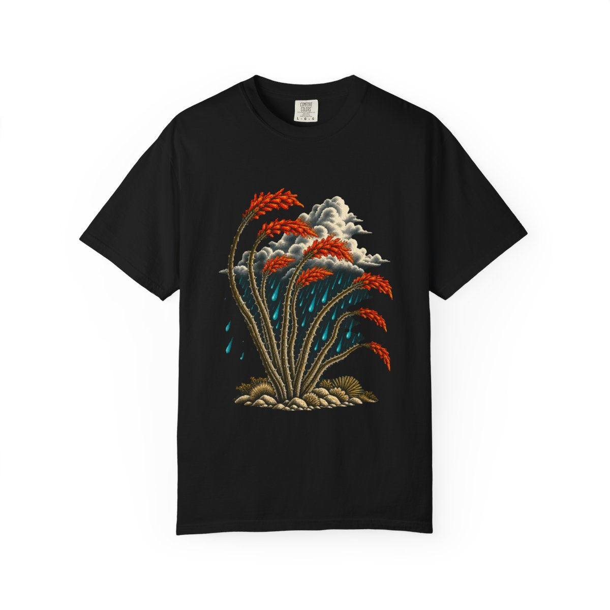 Ocotillo Rain Tee large front print on a Black Comfort Colors 1717 tee