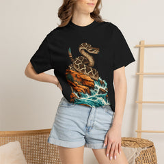 Rattler Rising Tee worn Printify context view on a Black Comfort Colors 1717 tee