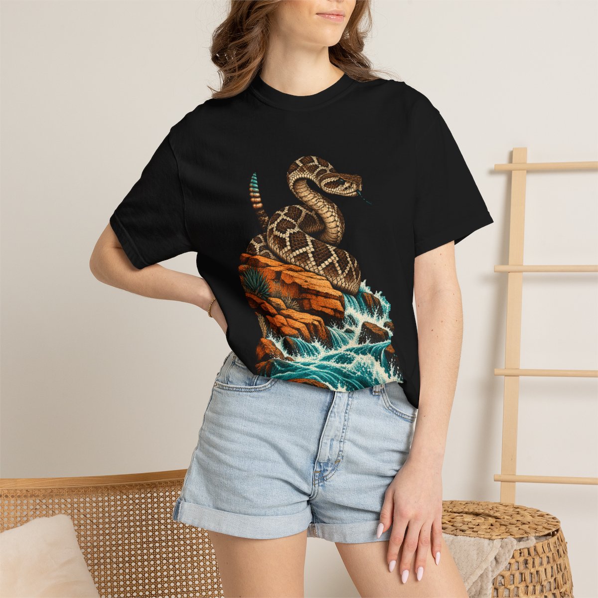 Rattler Rising Tee worn Printify context view on a Black Comfort Colors 1717 tee