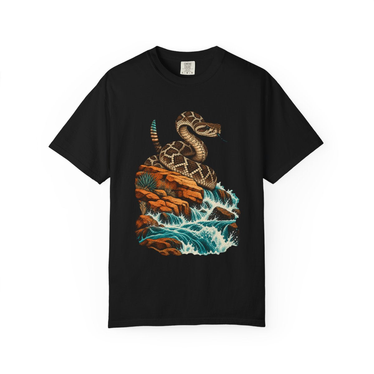 Rattler Rising Tee large front print on a Black Comfort Colors 1717 tee