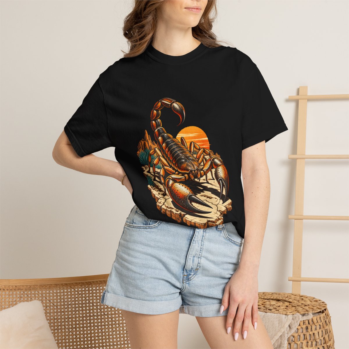 Scorpion Shadow Tee worn Printify context view on a Black Comfort Colors 1717 tee