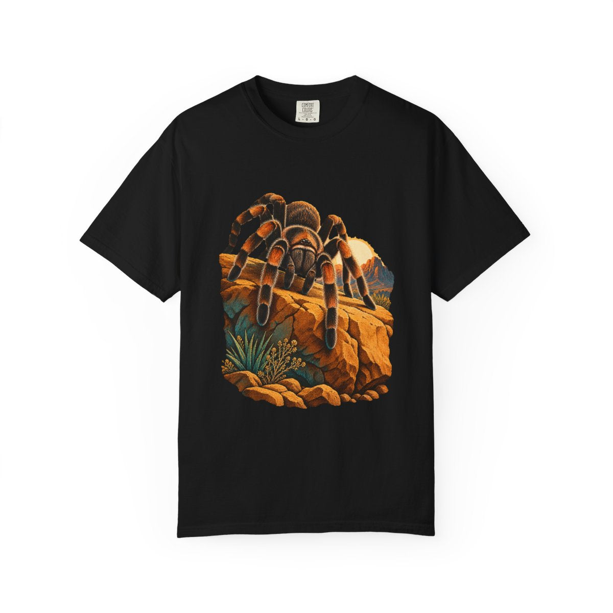 Tarantula Dawn Tee large front print on a Black Comfort Colors 1717 tee