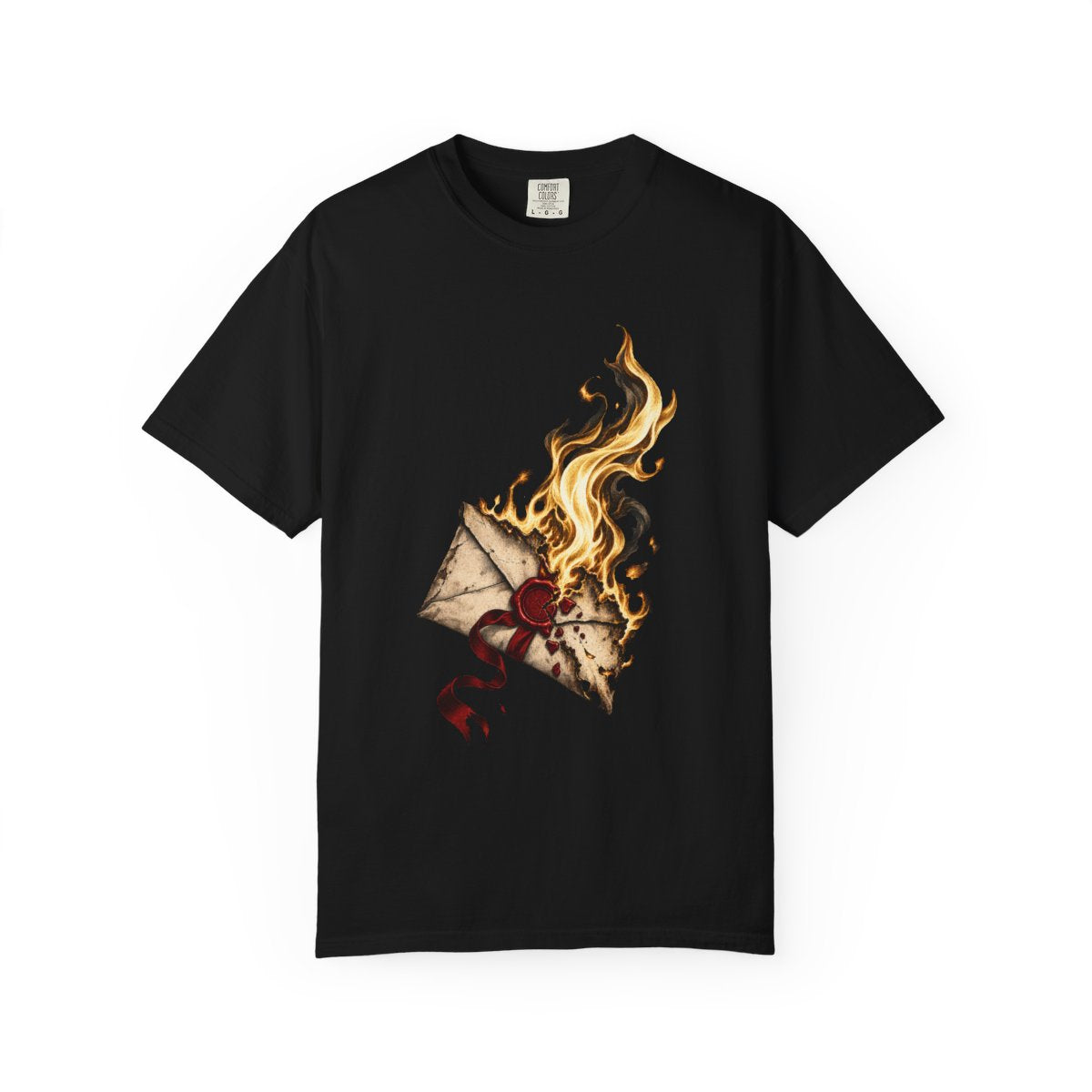 Burning Secret Tee large front print on a Black Comfort Colors 1717 tee
