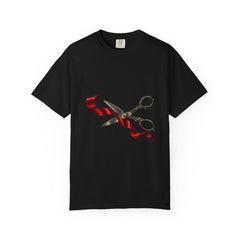 Cut the Ribbon Tee large front print on a Black Comfort Colors 1717 tee