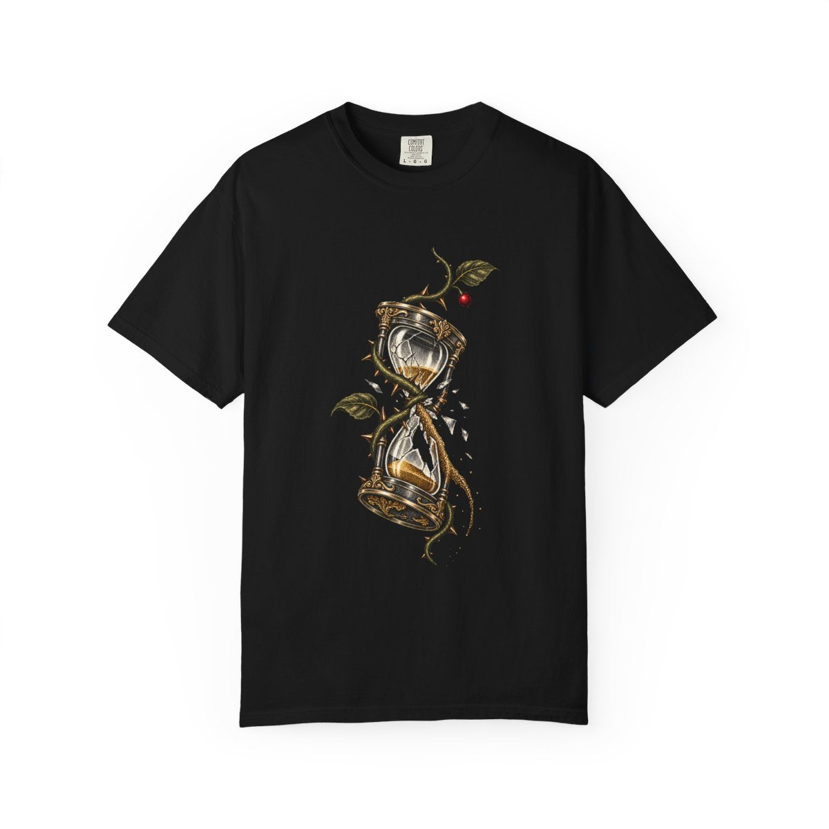 Hourglass Reclaimed Tee large front print on a Black Comfort Colors 1717 tee