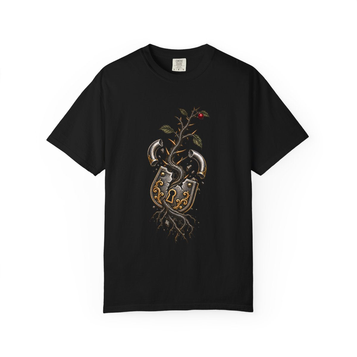Lockbreaker Tee large front print on a Black Comfort Colors 1717 tee