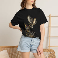 Nightingale Uncaged Tee worn Printify context view on a Black Comfort Colors 1717 tee