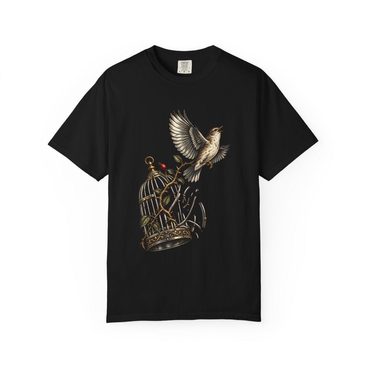 Nightingale Uncaged Tee large front print on a Black Comfort Colors 1717 tee
