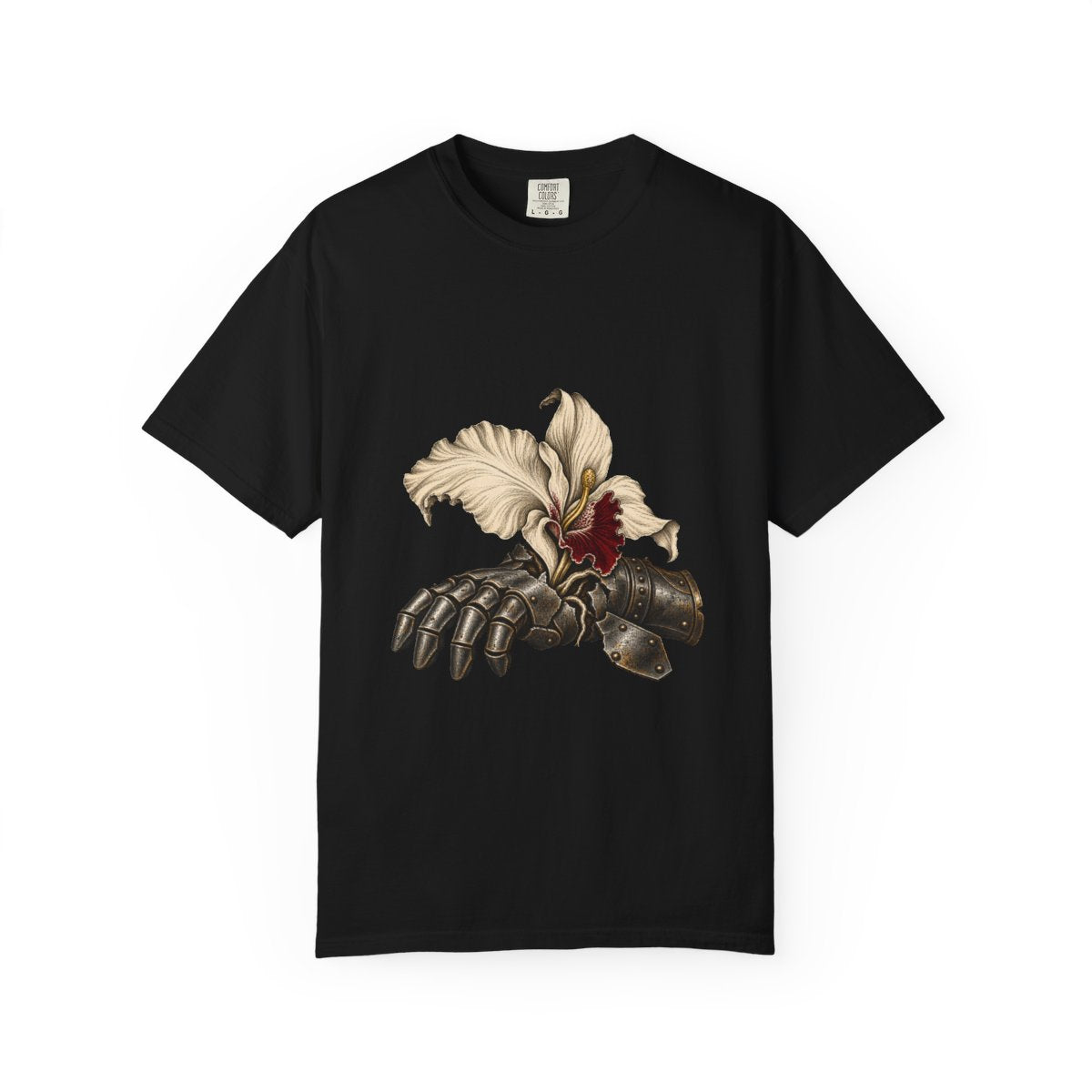 Orchid Armor Tee large front print on a Black Comfort Colors 1717 tee