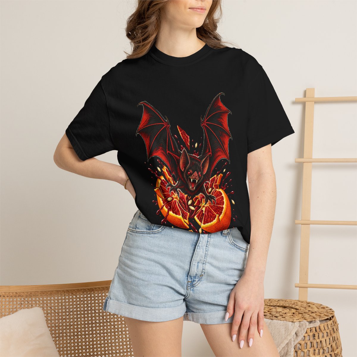 Blood Orange Bat Tee worn Printify context view on a Black Comfort Colors 1717 tee