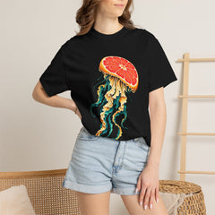 Grapefruit Drifter Tee worn Printify context view on a Black Comfort Colors 1717 tee