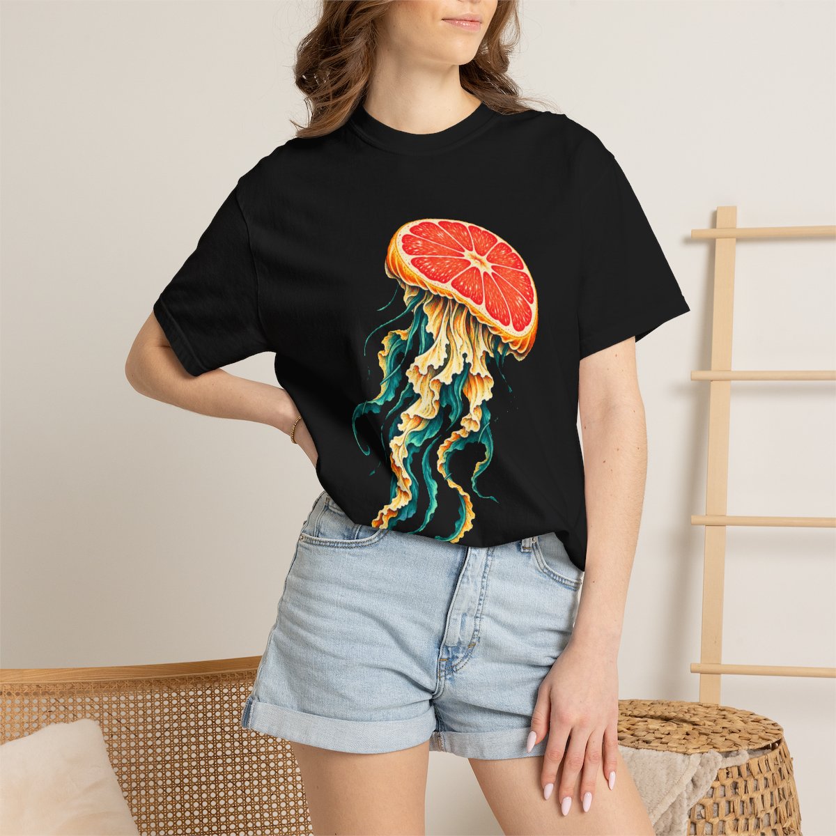 Grapefruit Drifter Tee worn Printify context view on a Black Comfort Colors 1717 tee