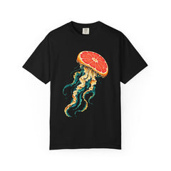 Grapefruit Drifter Tee large front print on a Black Comfort Colors 1717 tee