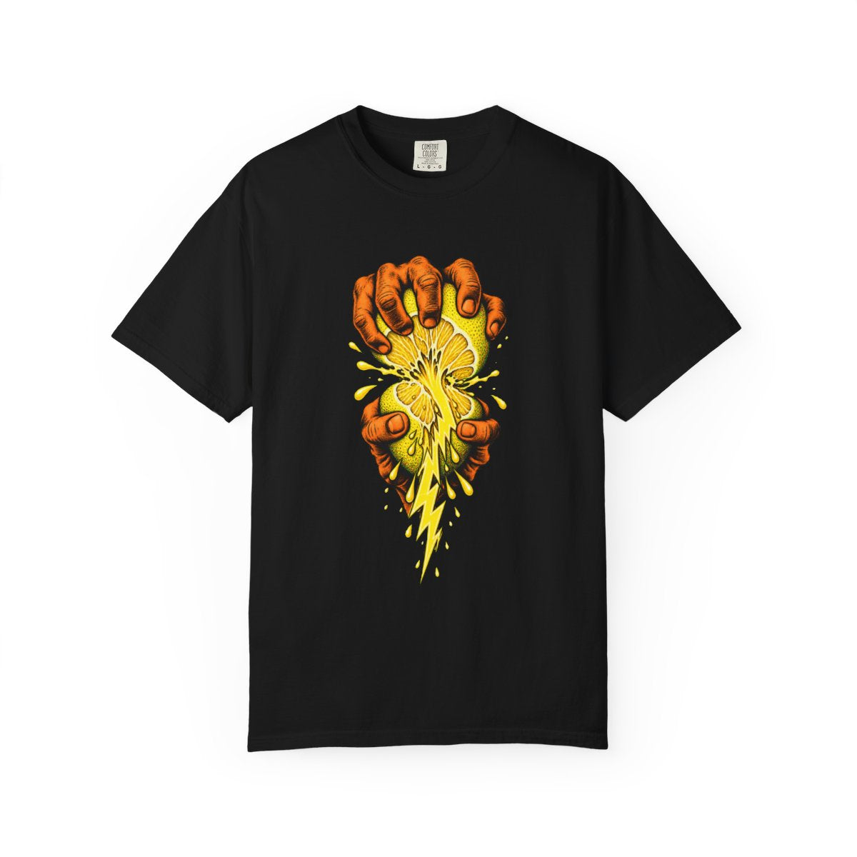 Lemon Press Tee large front print on a Black Comfort Colors 1717 tee