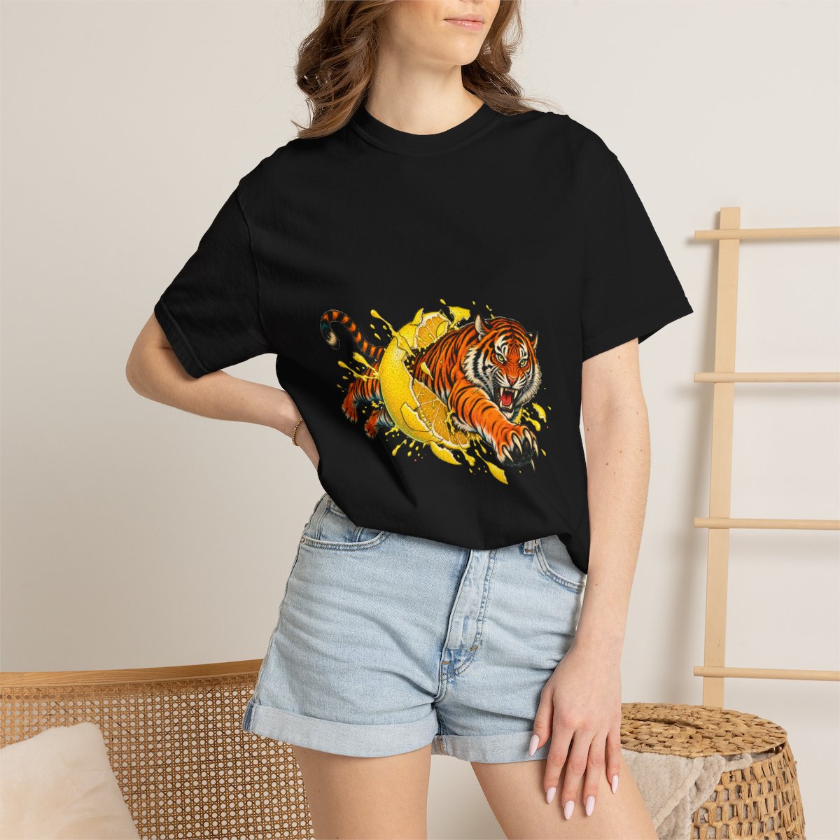 Lemon Tiger Tee worn Printify context view on a Black Comfort Colors 1717 tee