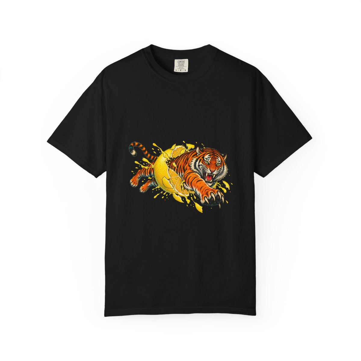 Lemon Tiger Tee large front print on a Black Comfort Colors 1717 tee