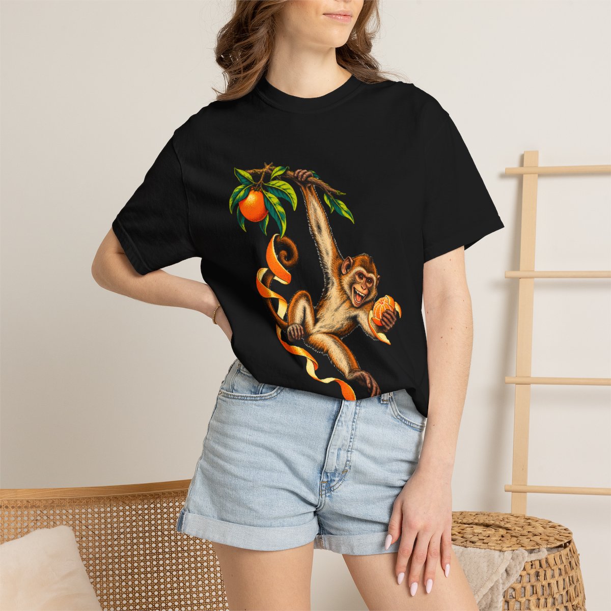 Tangerine Thief Tee worn Printify context view on a Black Comfort Colors 1717 tee