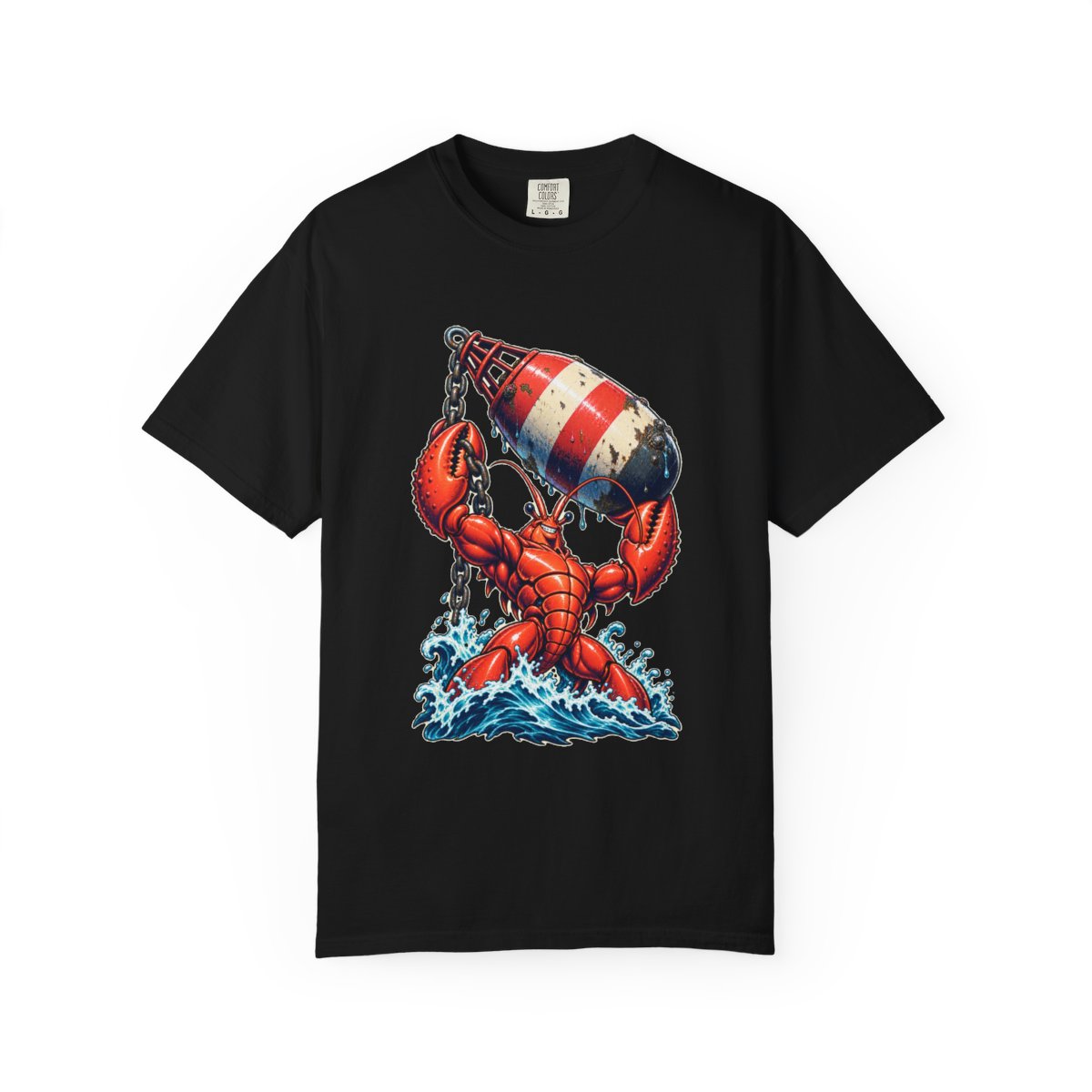 Lobster Lift Tee large front print on a Black Comfort Colors 1717 tee