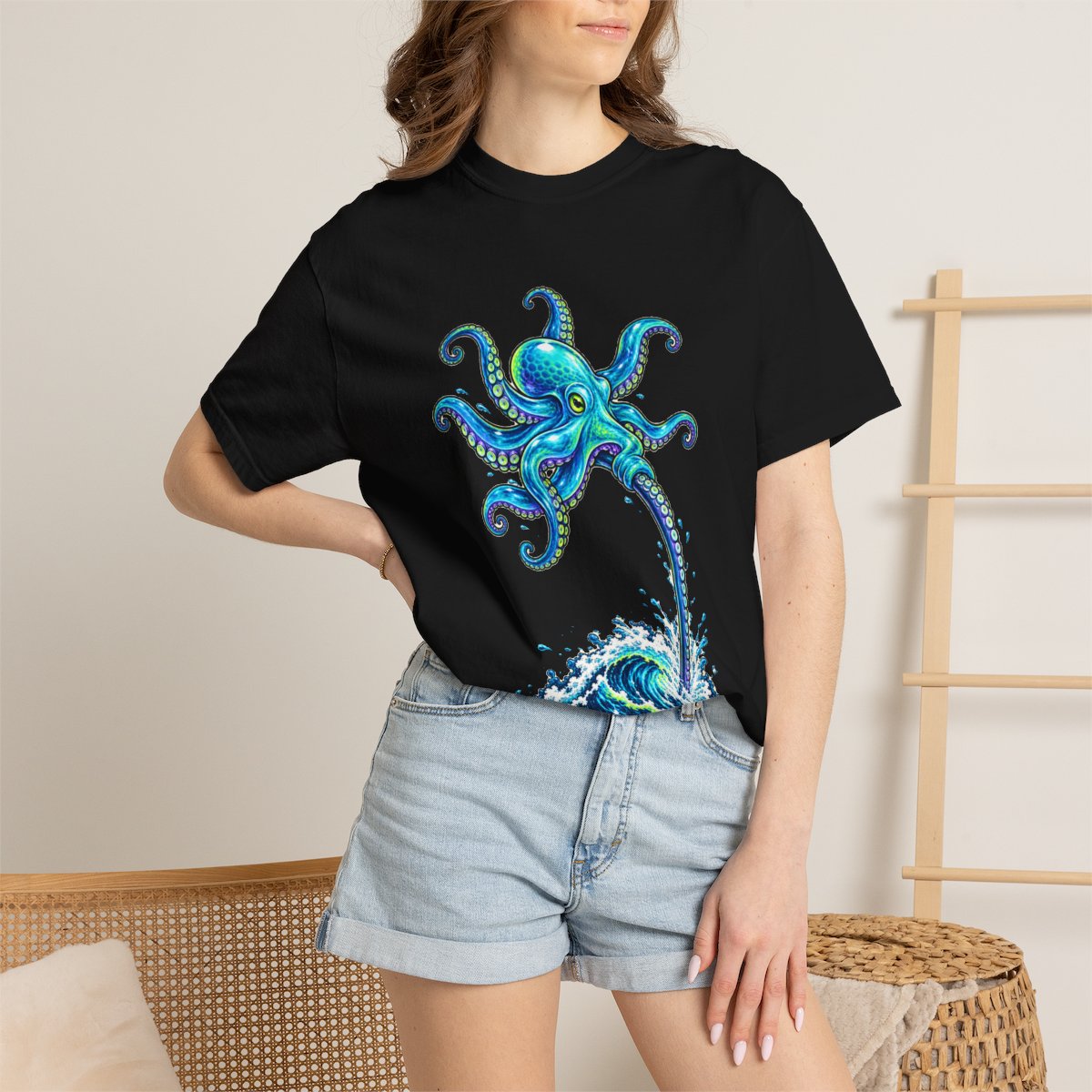 Octopus Vault Tee worn Printify context view on a Black Comfort Colors 1717 tee