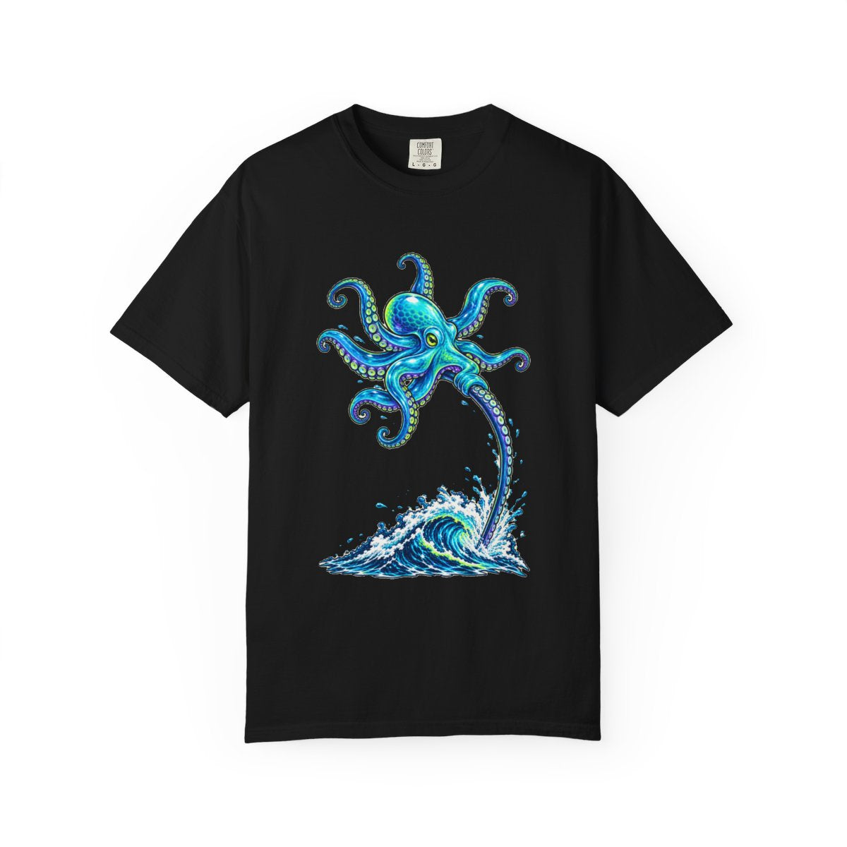 Octopus Vault Tee large front print on a Black Comfort Colors 1717 tee