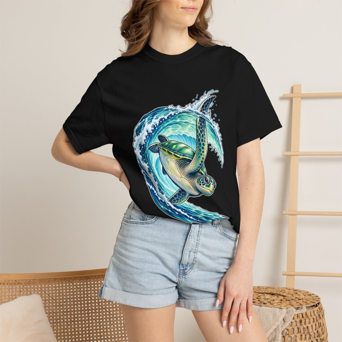 Turtle Roll Tee worn Printify context view on a Black Comfort Colors 1717 tee