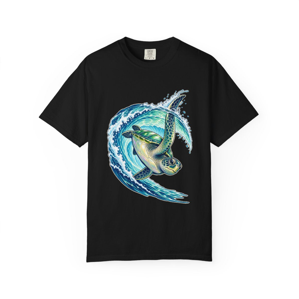 Turtle Roll Tee large front print on a Black Comfort Colors 1717 tee