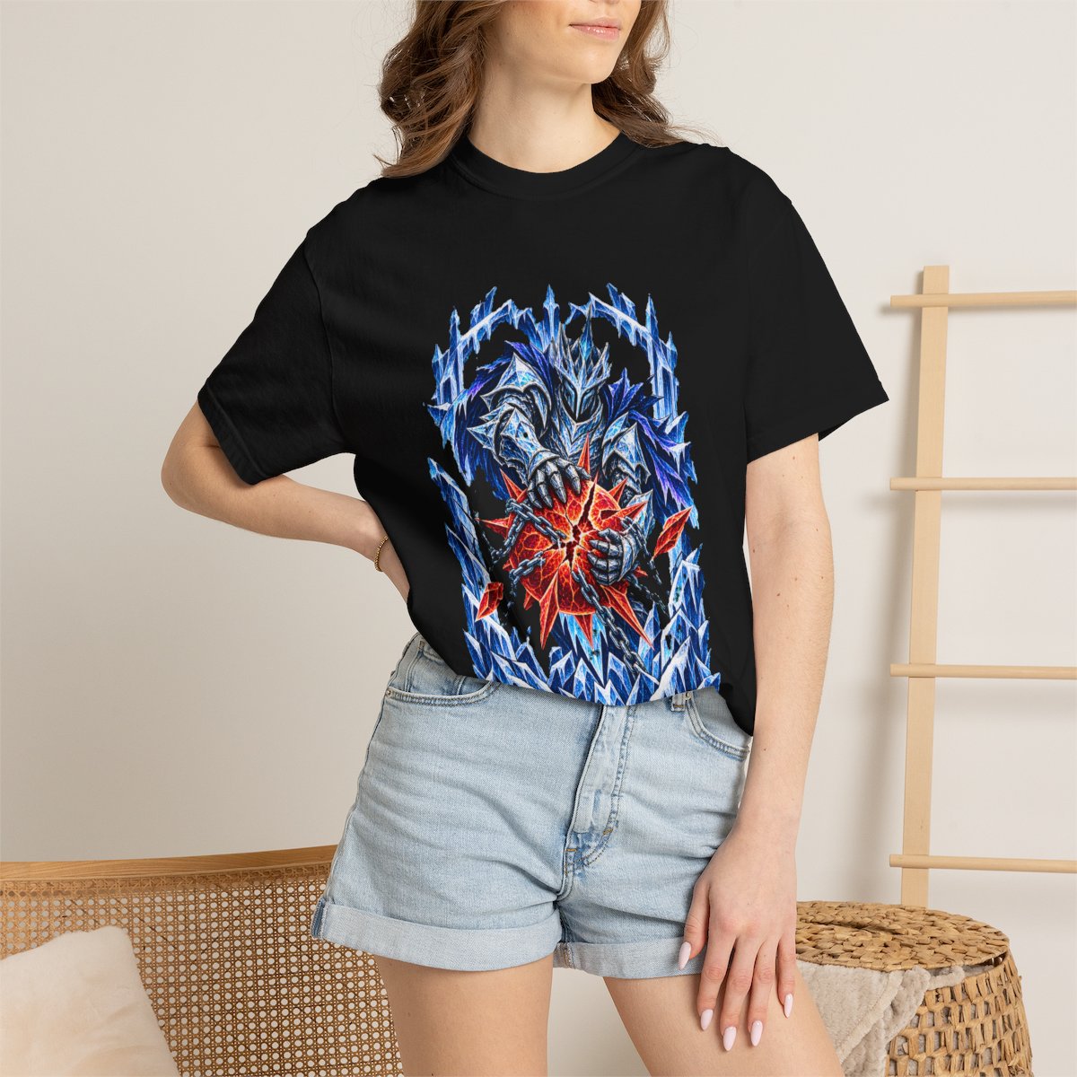 Cracked Sun Tee worn Printify context view on a Black Comfort Colors 1717 tee