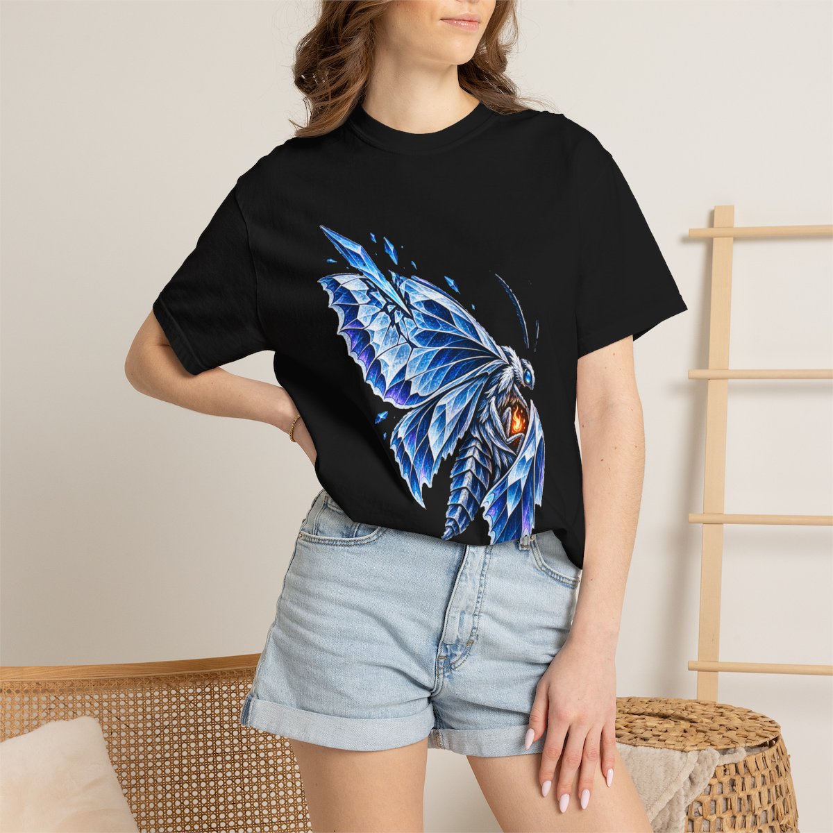 Ember Moth Tee worn Printify context view on a Black Comfort Colors 1717 tee