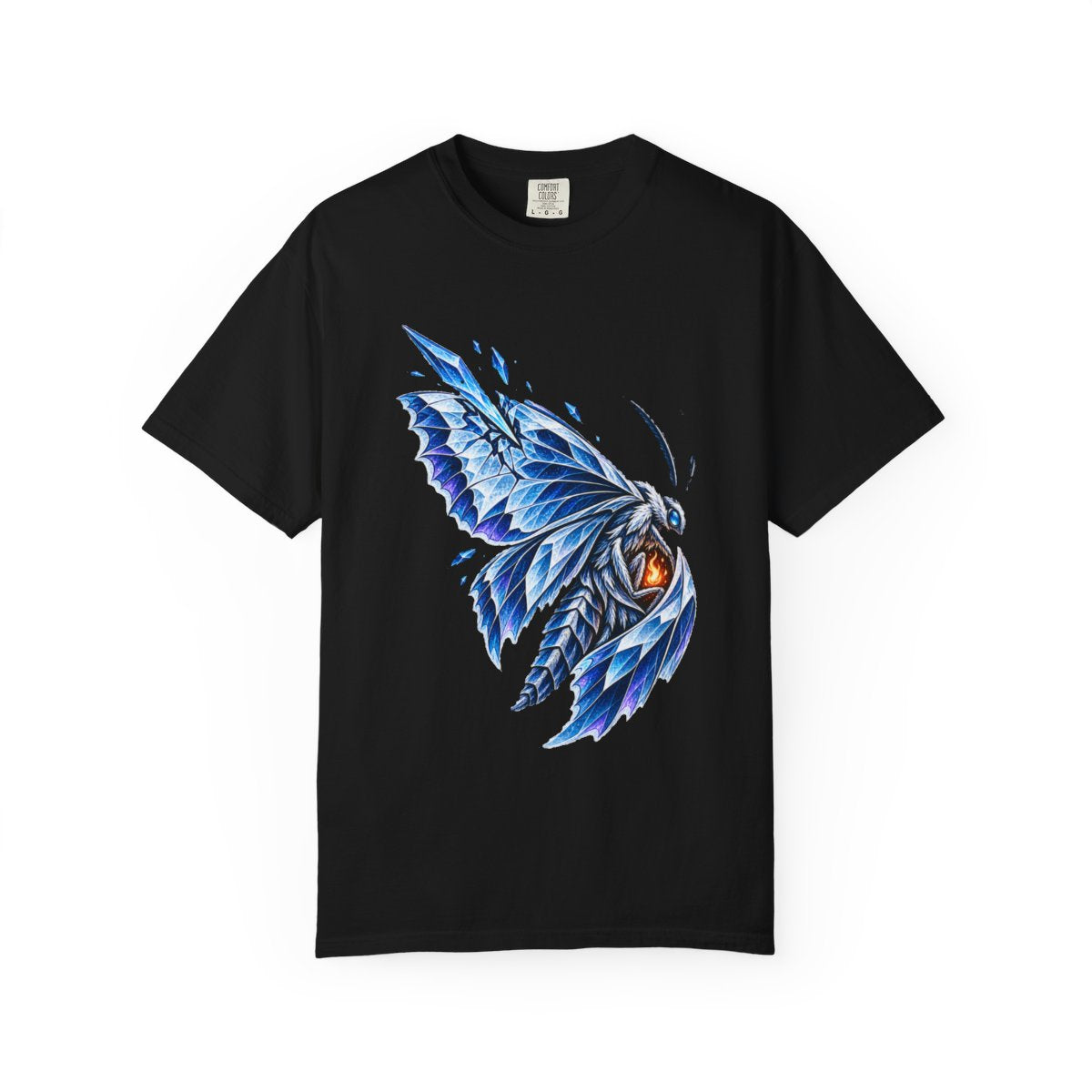 Ember Moth Tee large front print on a Black Comfort Colors 1717 tee