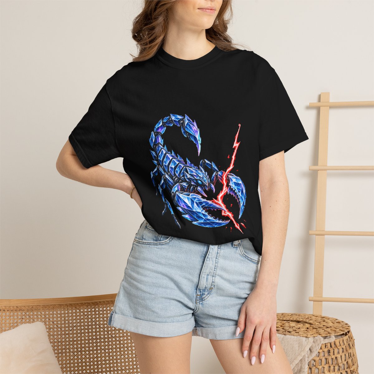 Scorpion Current Tee worn Printify context view on a Black Comfort Colors 1717 tee