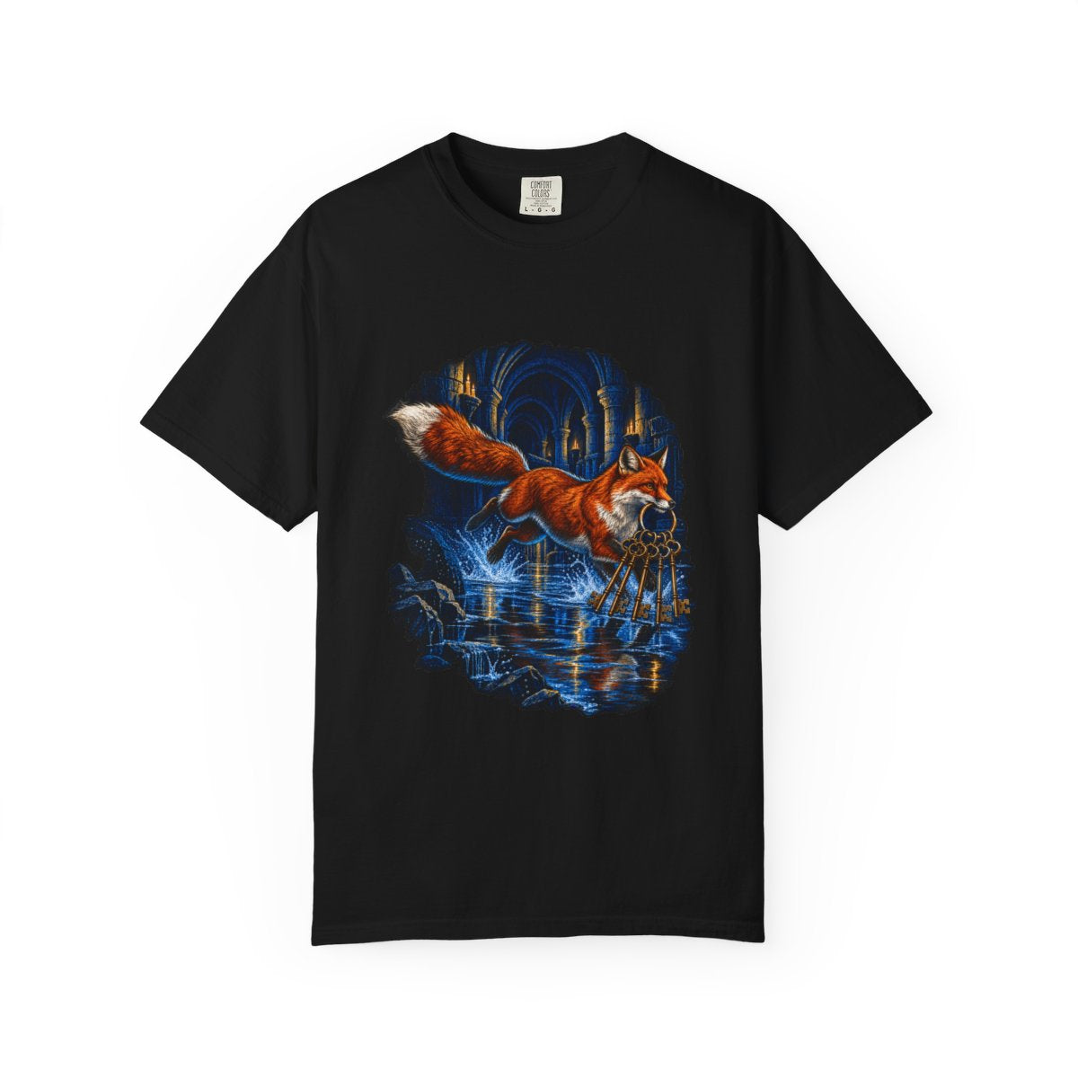 Key Runner Fox Crypt Front Print Tee large front print on a Black Comfort Colors 1717 tee