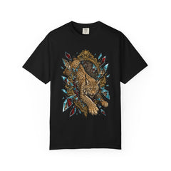 Nine Lives No Exit Lynx Mirror Front Print Tee large front print on a Black Comfort Colors 1717 tee
