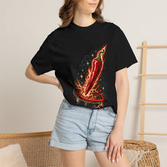 Chili Comet Tee worn Printify context view on a Black Comfort Colors 1717 tee