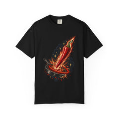 Chili Comet Tee large front print on a Black Comfort Colors 1717 tee