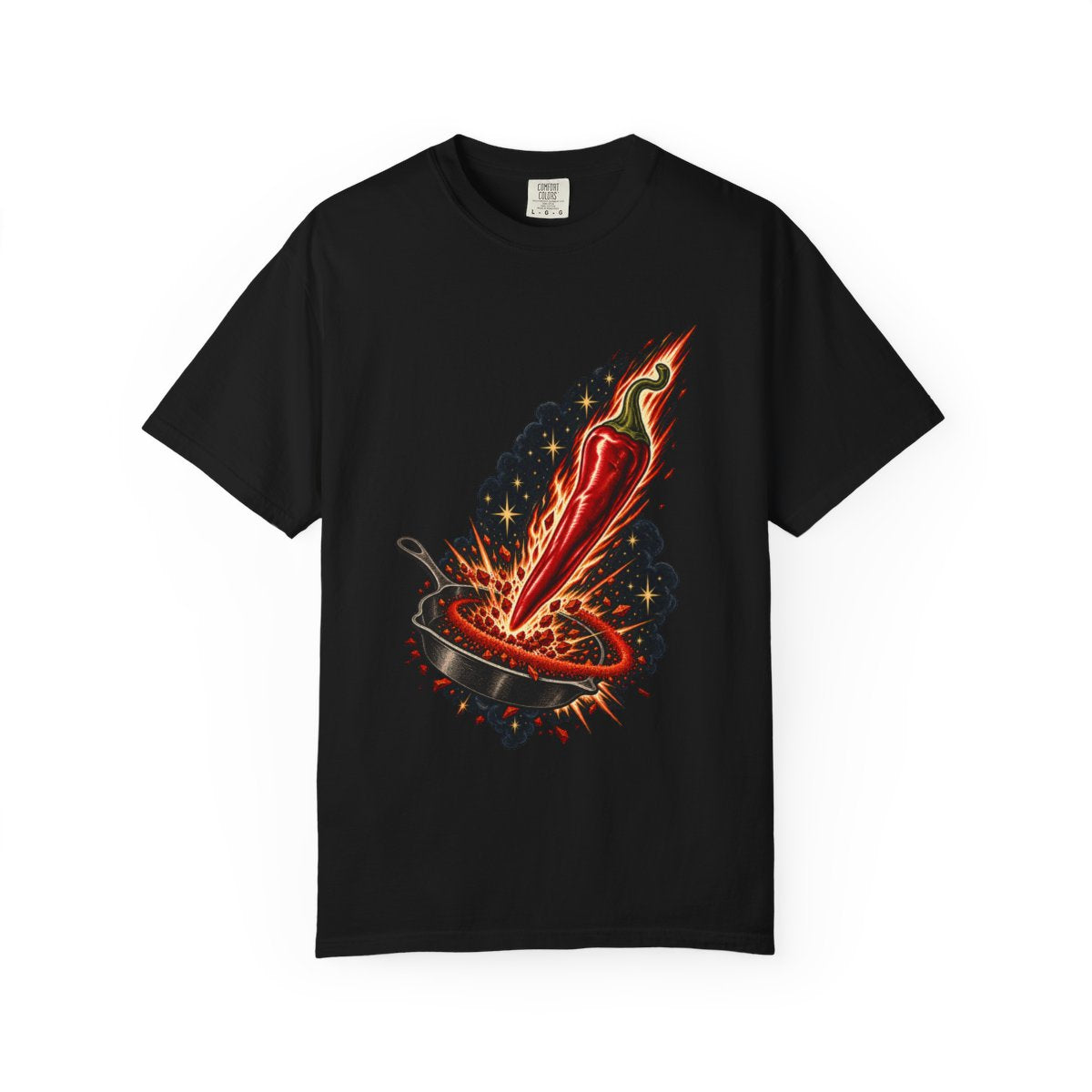 Chili Comet Tee large front print on a Black Comfort Colors 1717 tee