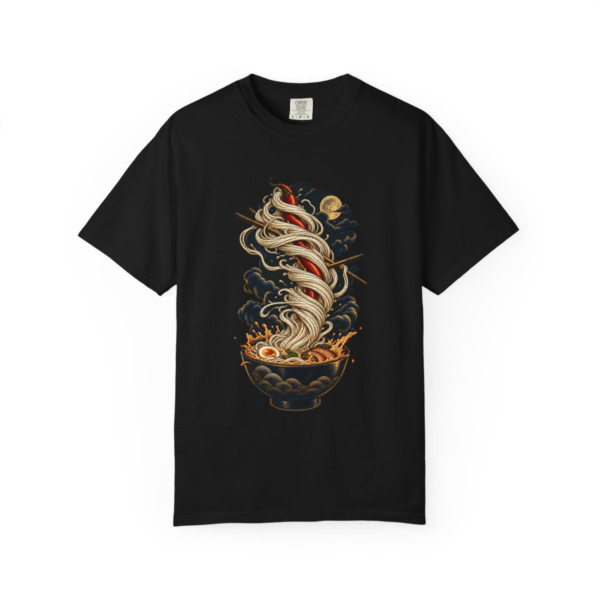 Ramen Rising Tee large front print on a Black Comfort Colors 1717 tee