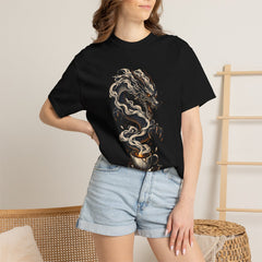 The Steam Dragon Tee worn Printify context view on a Black Comfort Colors 1717 tee