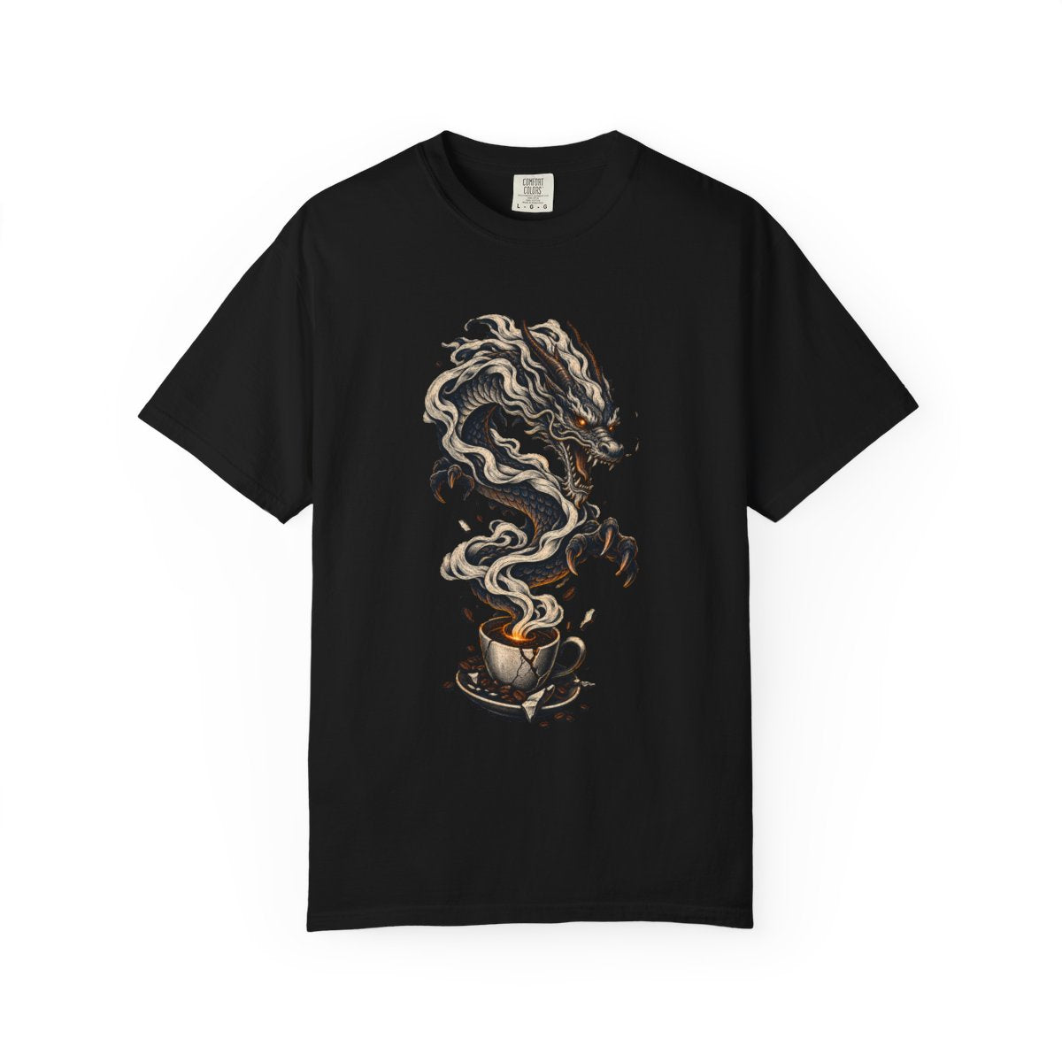 The Steam Dragon Tee large front print on a Black Comfort Colors 1717 tee