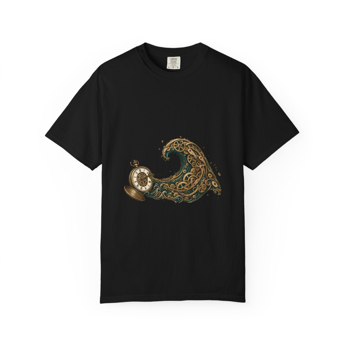 Clockwork Tide Tee large front print on a Black Comfort Colors 1717 tee