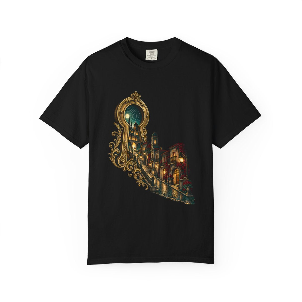 Keyhole City Tee large front print on a Black Comfort Colors 1717 tee