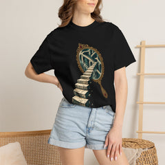 Mirror Staircase Tee worn Printify context view on a Black Comfort Colors 1717 tee